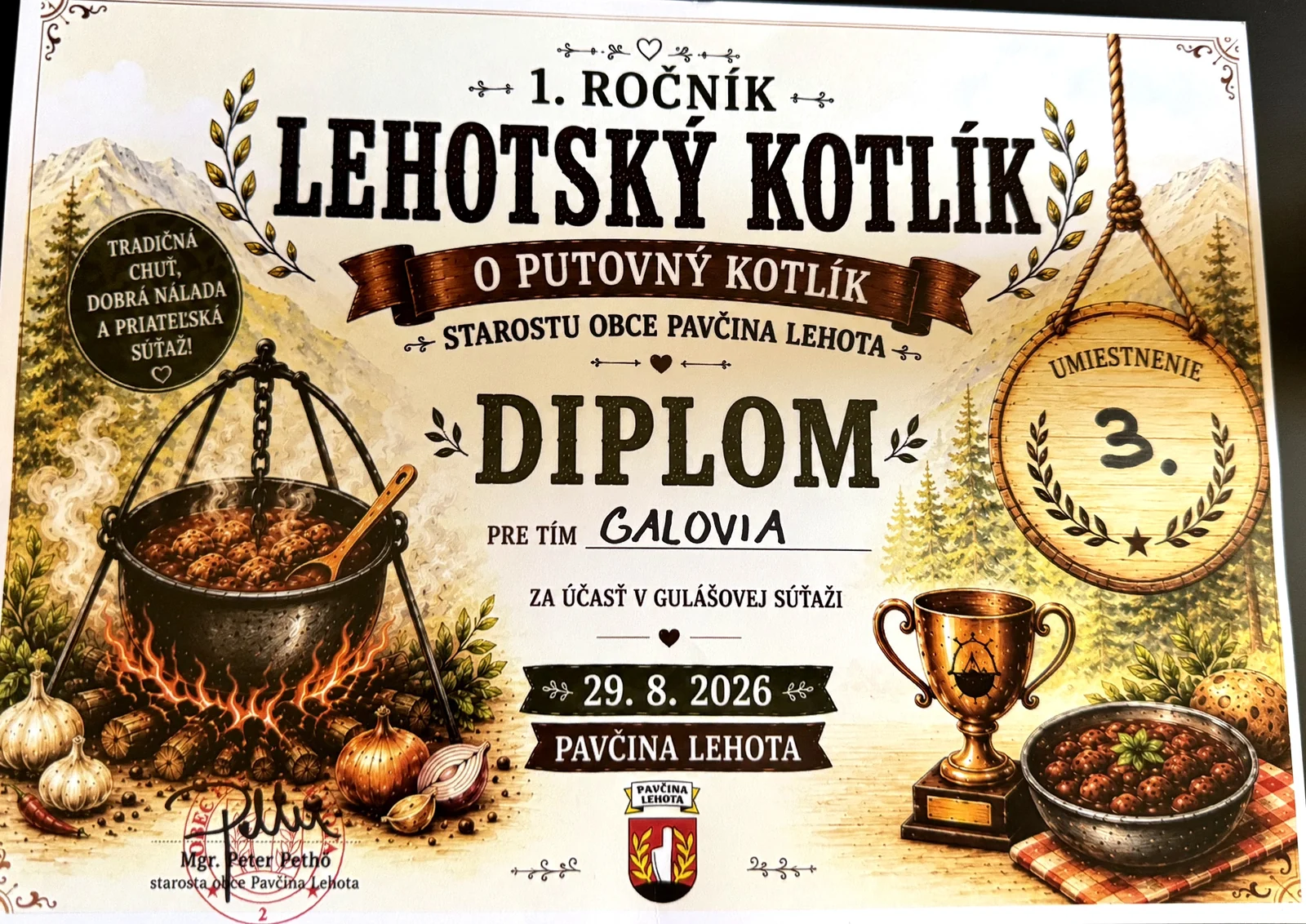 Diplom pre tím GALOVIA za 3. miesto na 1. ročníku Lehotského kotlíka